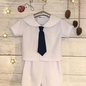A Classic Navy Style Boy outfit, Nautical Boy 2 piece special outfit made by Zoe .Ring bearer outfit , Page boy outfit wedding outfit.