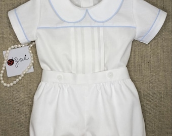 White Pique Christening Outfit, Baby Blue Piping, Handmade Cotton Set