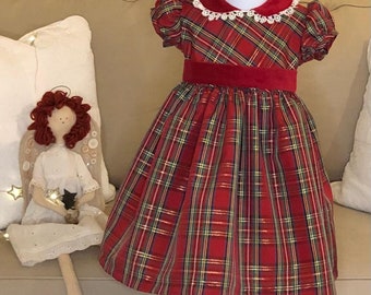 A Classic Taffeta Red Plaid Holiday Christmas Dress. Flower Girl Dress, Wedding and Holiday Dress. Hand made with Love and Care.