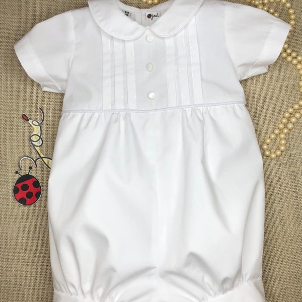 A Classic Baby Boy White Christening One piece adorable outfit. Hand Made with Love and care by Zoekidsclothes.