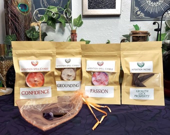 CONFIDENCE GROUNDING & PASSION Mystic Kit • Candle Spell Set • Intention Candles, Crystals, Incense  •  Witch  Gift Set • Candle Magick •