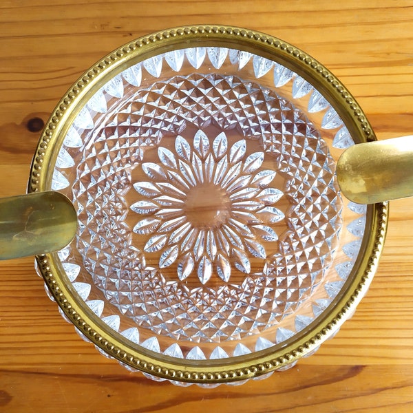 Vintage ashtray diamond glass and brass, in crystal and gold colour, 1970s