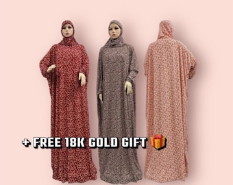 May include: Three long, loose-fitting robes with floral patterns in red, gray, and pink. The robes have a hood and long sleeves.  + FREE 18K GOLD GIFT