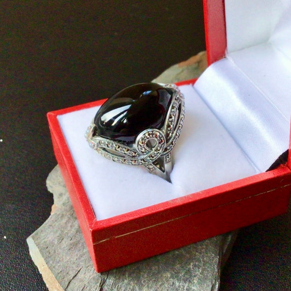 Art Deco Style Onyx Silver Ring Set with Pearls and Marcasite Stones Beautiful Statement Ring