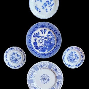 Blue and White Wall Plate Curation,  Five Piece Vintage Wall Art, Home Decor Gift