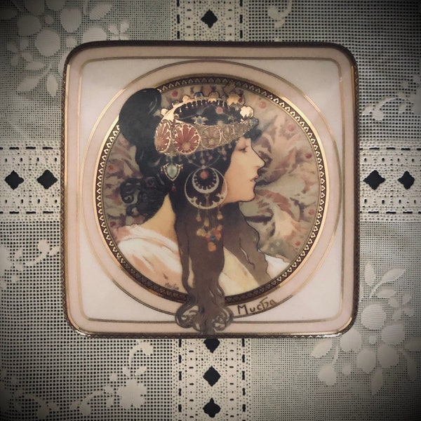 Goebel Artis Orbis Brunette Porcelain Trinket Box, Mucha Art Nouveau Design Byzantine Brunette, Special Gift Box