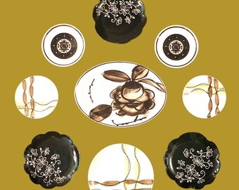Midcentury Neutral Plate Wall Art: Vera Neumann Platter, 9-Piece Curated Vintage Collection