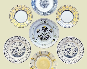 Curated Vintage Blue Yellow Ceramic Plates, Mismatched Gallery Wall Art (22"x24")