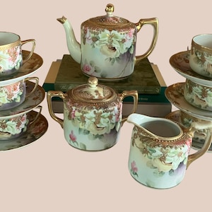 Antique Nippon Morimura Bijou Tea Set, 17 Piece  Vintage Handpainted Tea Service,  Japanese Moriage Porcelain Tea Set
