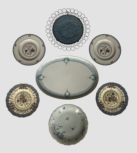 Vintage Patina  Blue Plate Wall Collection, Farmhouse Cottage Decor, Mismatched China Set