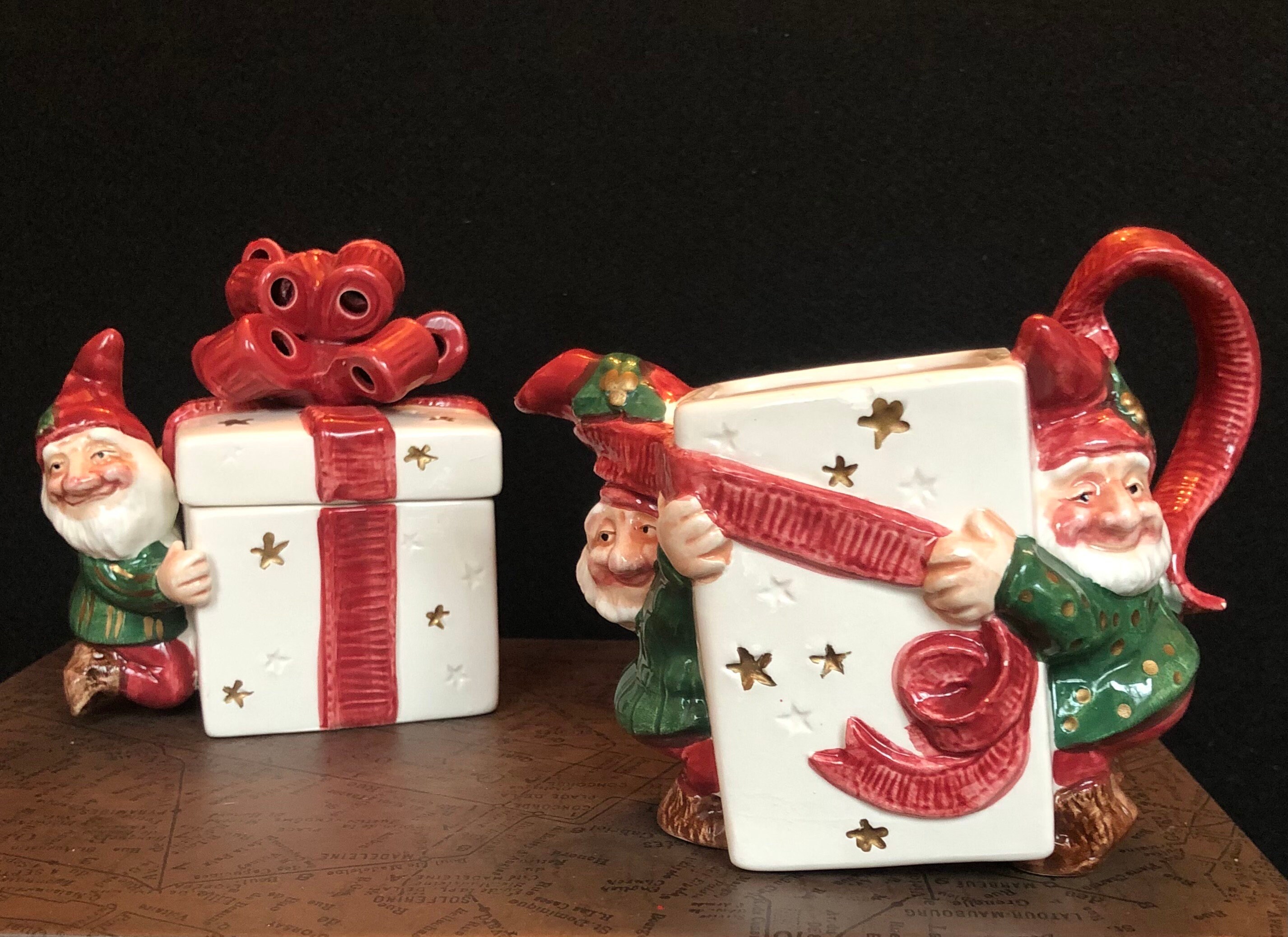 Vintage Fitz and Floyd Elves and Presents Creamer and Lidded Sugar Bowl