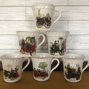 Antique Automobile Mugs Crown Staffordshire Set of Six, Vintage Car Enthusiast