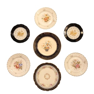 Midcentury Gallery Wall Plates, Blue and Gold Wall Art: 7-Piece Vintage China Collection