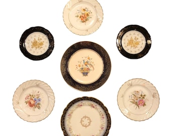 Midcentury Gallery Wall Plates, Blue and Gold Wall Art: 7-Piece Vintage China Collection