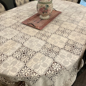 Antique Hand Crocheted  Tablecloth 88 x 100” , Special Occasion Dining Table Linens, Handmade Table Linen,  Cream Vintage Crochet Tablecloth