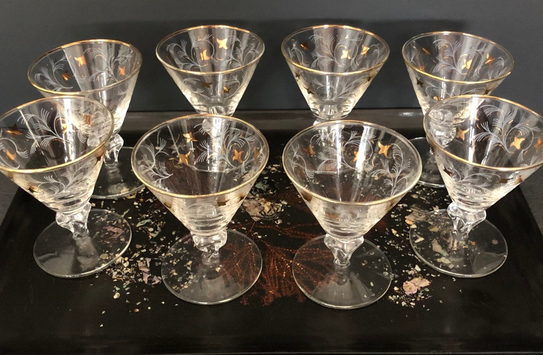 Vintage Libbey Cocktail Glasses Set of 8 Royal Fern, Midcentury Barware, Retro Cocktail Glasses