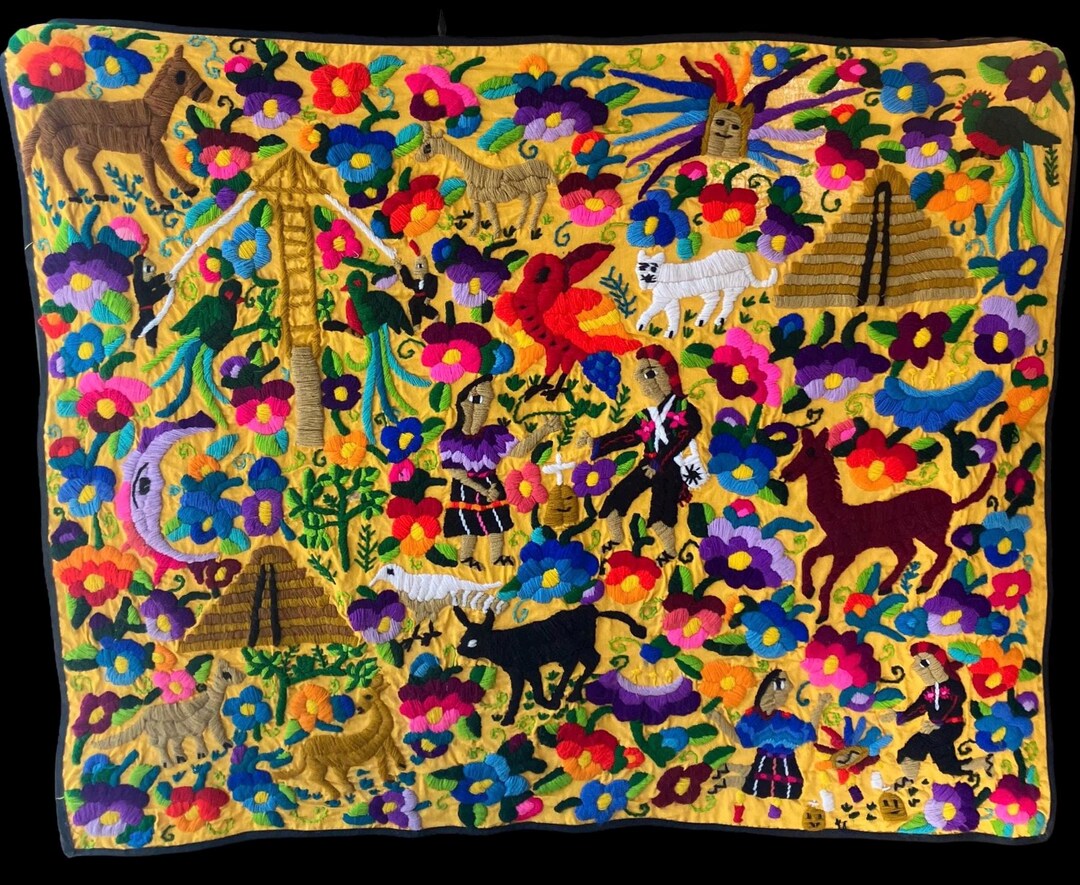 Otomi Hand Embroidered Wall Hanging, Mexican Folk Art Textile, Colorful ...
