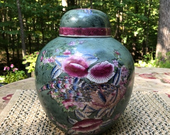 Ginger Jar Green Floral With Lid Stamped  China 10.5”,  Porcelain Chinese Temple jar