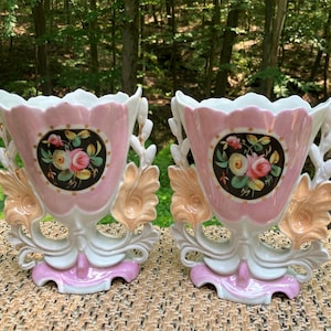 Pair of Ornate Antique Old Paris Spill Vases, Elegant French Porcelain Accent Vases, Vieux Paris Gift for Her