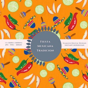 Può includere: Sfondo arancione con un motivo ripetuto di peperoncini rossi e verdi, fette di lime, maracas e sombrero. Il testo "FIESTA MEXICANA TRADICION" e "SEAMLESS DIGITAL DESIGNS INSTANT DOWNLOAD" è incluso.