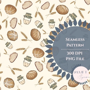 Può includere: Un motivo senza cuciture con illustrazioni ad acquerello di pane, spighe di grano e barattoli di marmellata su sfondo crema. Il design include varie forme di pane. Il testo "SEAMLESS PATTERN 300 DPI PNG FILE" è presente.
