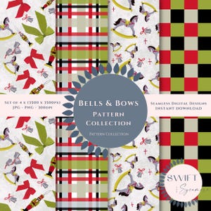 Może przedstawiać: Kolekcja czterech bezszwowych wzorów cyfrowych o tematyce świątecznej. Wzory obejmują koniki na biegunach, kokardy, dzwonki i wzory w kratę w kolorach czerwonym, zielonym i czarnym. Tekst brzmi "Bells & Bows Pattern Collection".