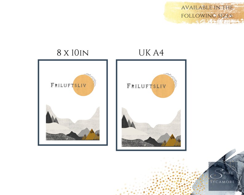 May include: A minimalist art print with a yellow sun, gray mountains, and the text "FRILUFTSLIV" in black. The print is available in two sizes: 8x10 inches and UK A4.