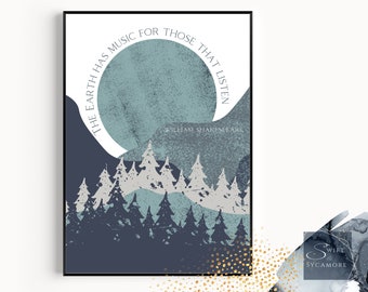 May include: A blue and white abstract art print with a quote from William Shakespeare: "The earth has music for those that listen".