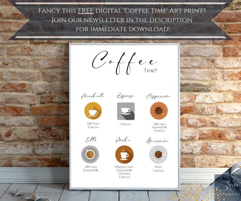 May include: A printable digital art print with a white background and black text that reads "Coffee Time?" with illustrations of different coffee drinks, including a cappuccino, latte, mocha, espresso, and Americano. Each illustration includes a description of the drink's ingredients.