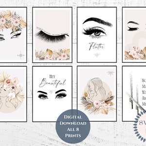 Boho Salon Decor, Lash Techs Gift, Printable Wall Art Neutral, Beautician Gifts, Beauty Salon Poster, Set Of 8 Prints, Lashes Artwork