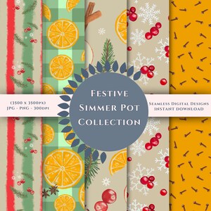 Può includere: Una collezione di design digitali senza cuciture a tema festivo. I motivi includono fette d'arancia, bastoncini di cannella, mirtilli rossi, fiocchi di neve e chiodi di garofano. Il testo recita "Festive Simmer Pot Collection".