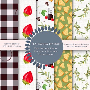 Può includere: Un design digitale con una collezione di motivi senza cuciture a tema italiano. I motivi includono un motivo a scacchi rosso e bianco, fragole, rami di ulivo, formaggio e il testo "La Tavola Italian".