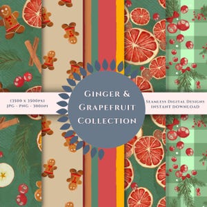 May include: A digital design collection featuring seamless patterns with gingerbread men, grapefruit slices, and festive elements. The image includes text that reads "Ginger & Grapefruit Collection" and "Seamless Digital Designs Instant Download."