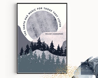 May include: A minimalist art print with a blue and white color scheme. The print features a quote by William Shakespeare: "The earth has music for those that listen." The quote is surrounded by a circle and a stylized image of a forest.