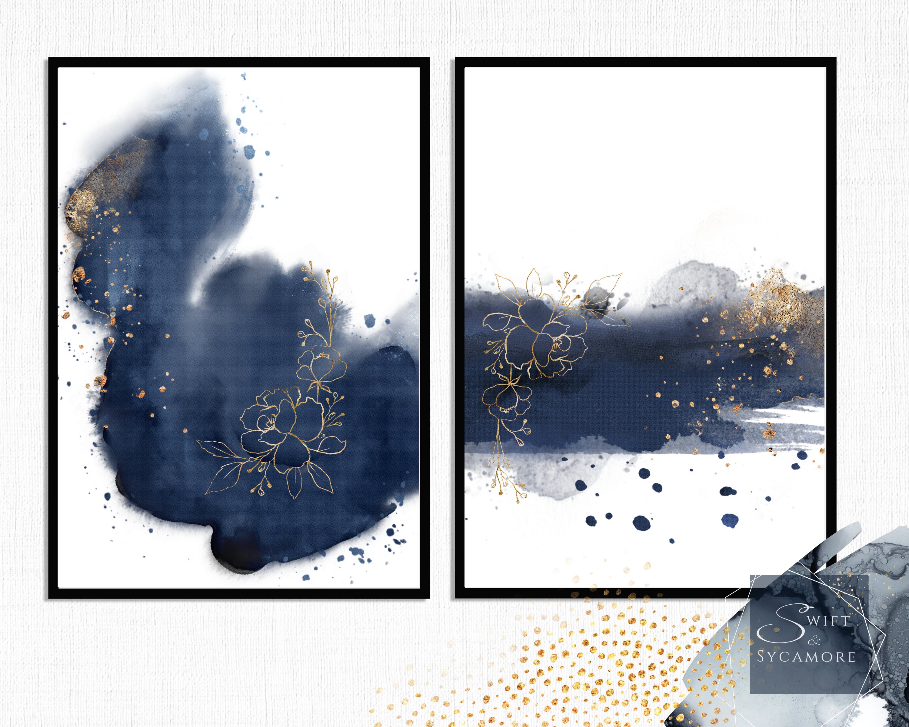 Navy Blue Wall Art Set of 2 Prints Alcohol Ink Art Etsy UK