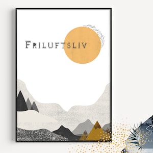 May include: A minimalist art print with a yellow sun and a mountain range in shades of gray and black. The text "FRILUFTSLIV" is printed in black at the top of the print.