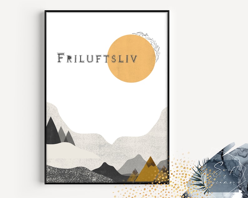 May include: A minimalist art print with a yellow sun and a mountain range in shades of gray and black. The text "FRILUFTSLIV" is printed in black at the top of the print.