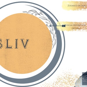 May include: A gold circle with the text "TSLIV" in black lettering. The circle is surrounded by a blue ring and a black floral design. The background is white with gold glitter and a blue and gray watercolor design.