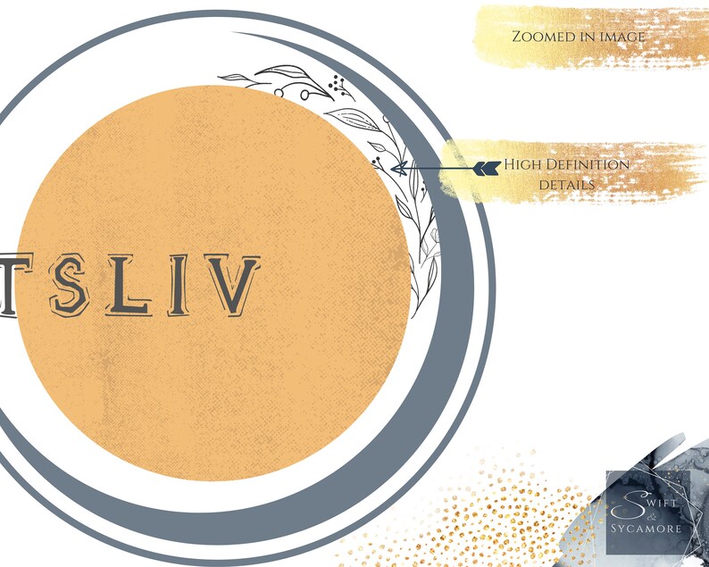 May include: A gold circle with the text "TSLIV" in black lettering. The circle is surrounded by a blue ring and a black floral design. The background is white with gold glitter and a blue and gray watercolor design.