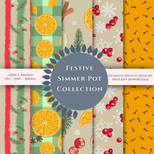 Può includere: Una collezione di design digitali senza cuciture a tema festivo. I design presentano arance, bastoncini di cannella, mirtilli rossi, fiocchi di neve e chiodi di garofano. Il testo recita "Festive Simmer Pot Collection".