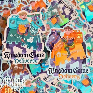 May include: A collection of stickers featuring a knight on horseback, delivering food. The stickers have the text "Kingdom Come Deliveroo" and "Kingdom Come Delivery". The knight is wearing a helmet and carrying a delivery bag. The color scheme includes blue, orange, and purple.