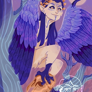 May include: A purple and blue creature with wings and a crown of leaves sits on a rock in a forest. The creature has a human-like face with a smile and a long, dark blue mane. The background is a purple and blue forest with a full moon in the sky.