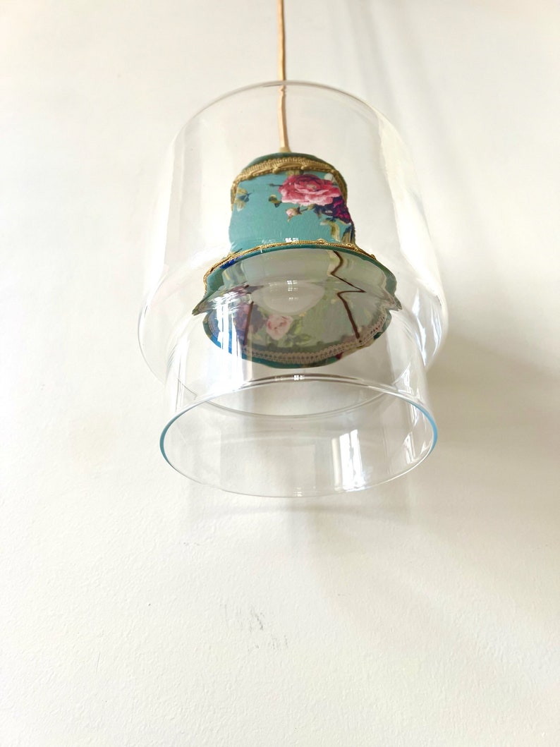 Suspension verre et tissu, plafonnier upcycling image 6