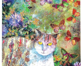 Cat and butterflies Quality Artist greetings Card blank inside for any Occasion.