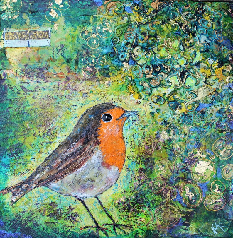 Original Artwork Robin Redbreast Mixed Media Unique piece Of Art From Isle Of Skye Artist