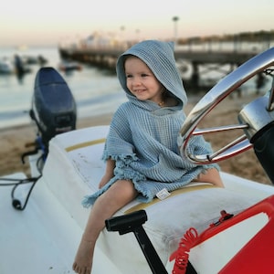 Leinen Waffel Weave Kinder Kapuzen Poncho, Ocean Green Beach Cover-Up