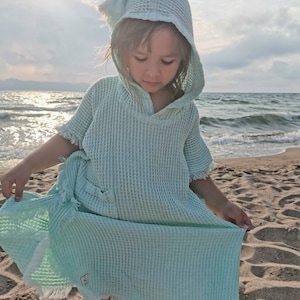 Waffel Leinen Kinder Kapuzen Poncho, Ocean Blue Beach Cover-Up