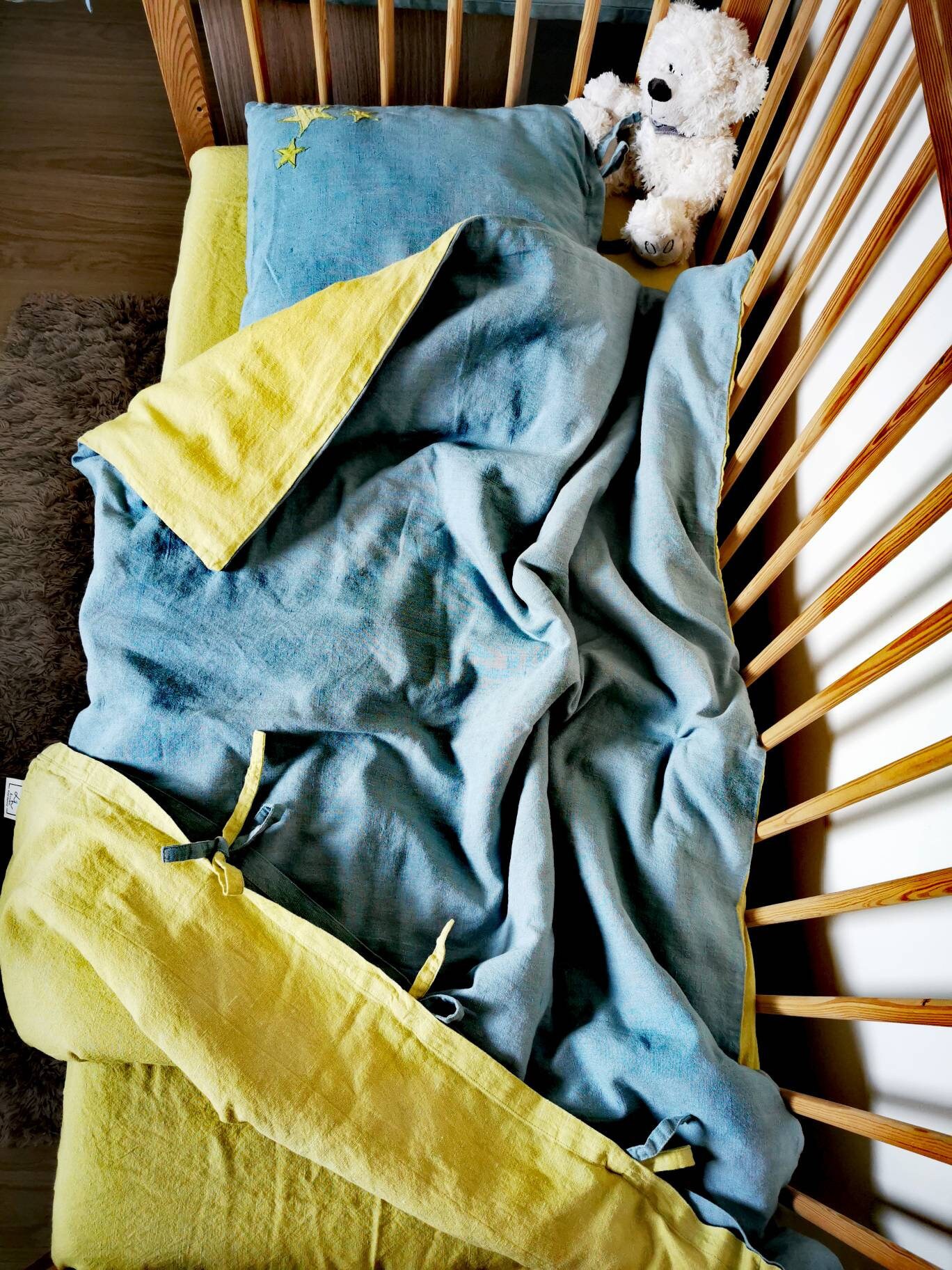 3 psc linen baby bedding set, toddler duvet cover set, cot bedding