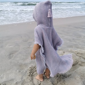 Waffel Leinen Kinder Kapuzen Poncho, Purple Beach Cover Up