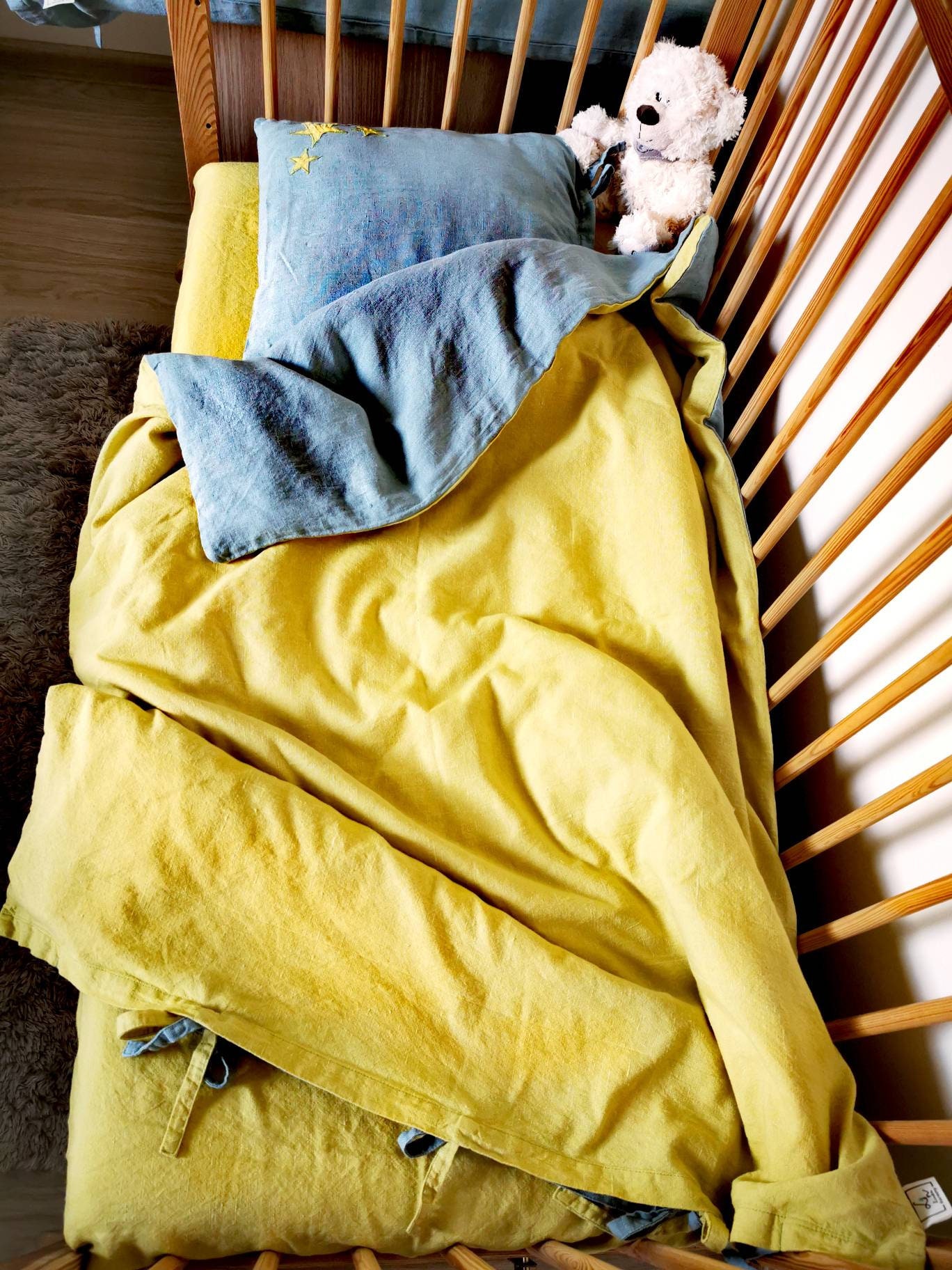 3 psc linen baby bedding set, toddler duvet cover set, cot bedding